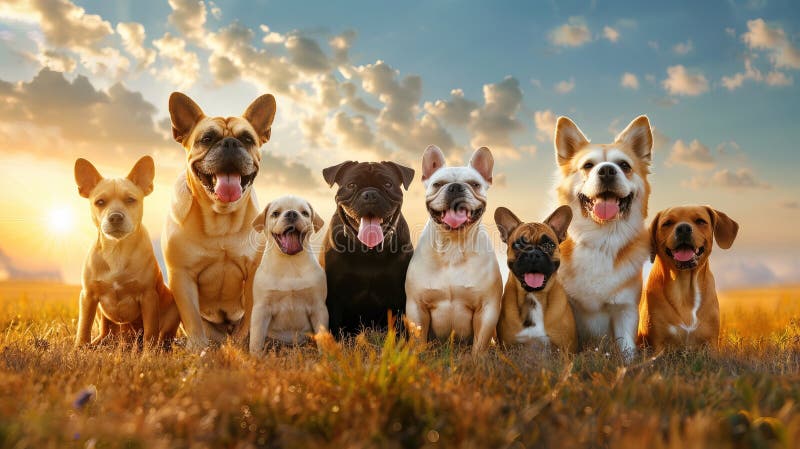 Portrait of group different many breeds dogs taking selfie Generative AI stock images