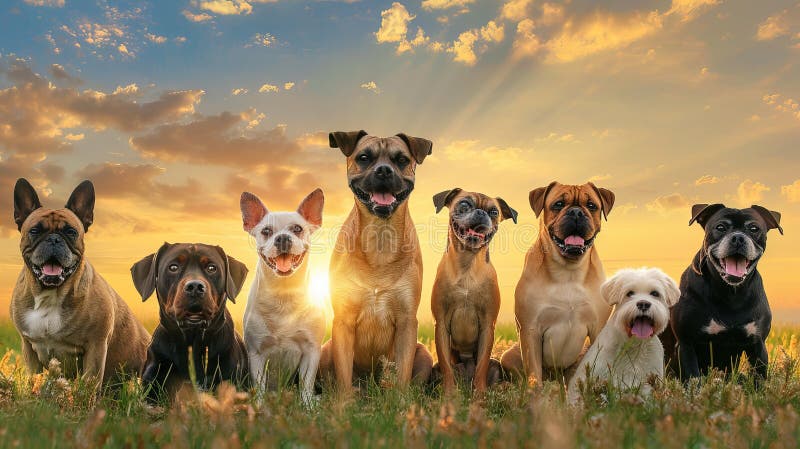 Portrait of group different many breeds dogs taking selfie Generative AI stock images