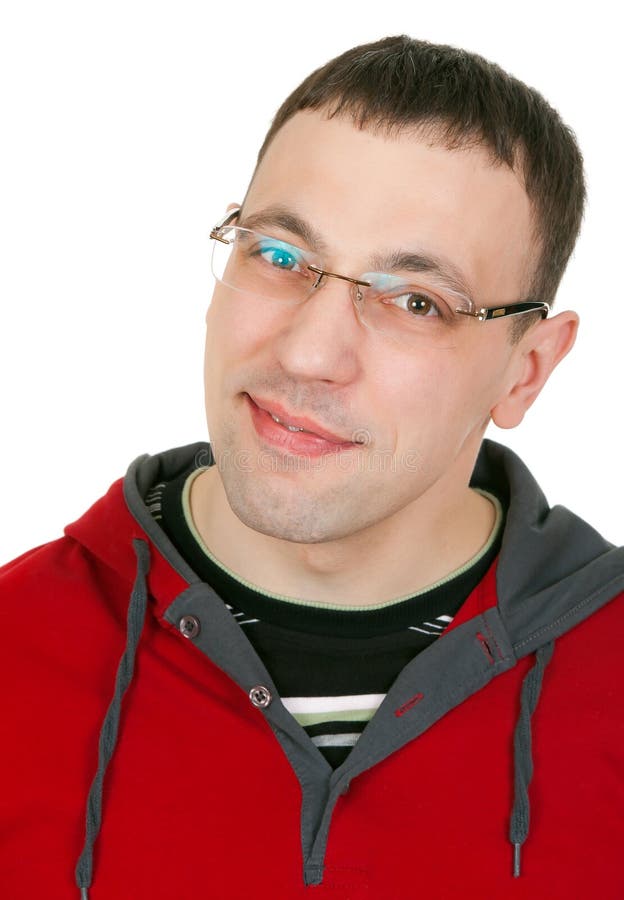 Portrait of a guy with glasses in a red dress