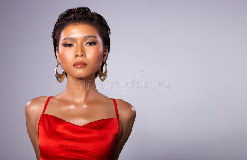 Asian Woman Short Hair Wear Red Gown Dress Stock Image - Image of elegant,  face: 184849205
