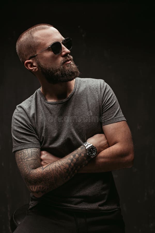 Portrait of a handsome balded man with long well trimmed beard wearing sunglasses and grey shirt looking away to side stock photography Portrait of a handsome balded man with long well trimmed beard wearing sunglasses and grey shirt looking away to side stock photography