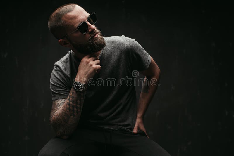 Portrait of a handsome balded man with long well trimmed beard wearing sunglasses and grey shirt looking away to side stock image Portrait of a handsome balded man with long well trimmed beard wearing sunglasses and grey shirt looking away to side stock image