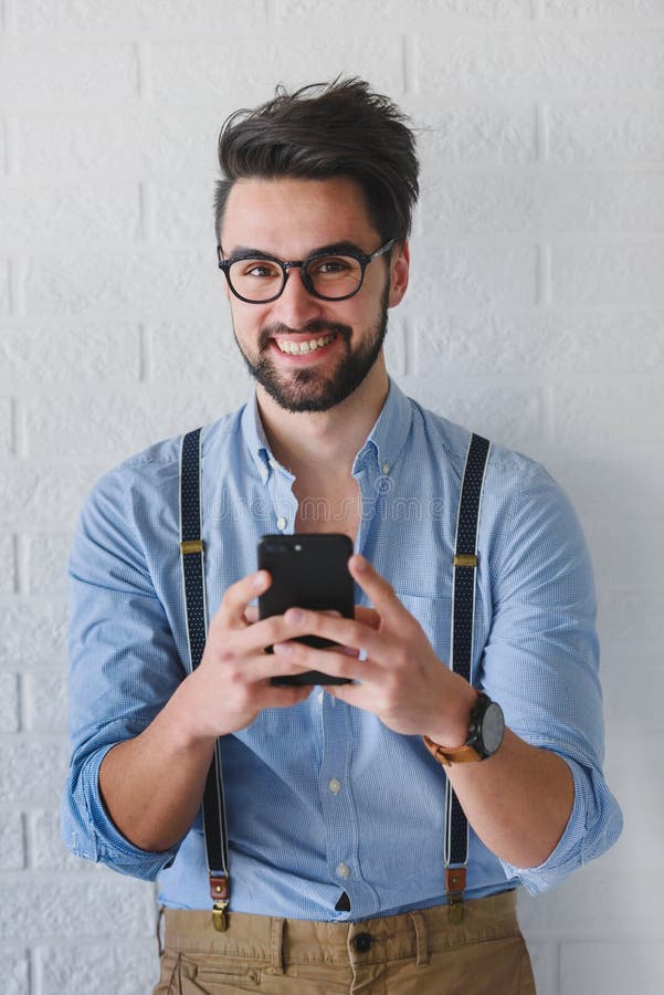 Portrait Of Handsome Bearded Hipster Guy With Glasses On Stock Image Image Of Face Positive