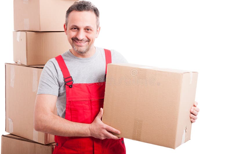 Portrait of handsome mover guy holding cardboard box royalty free stock photography