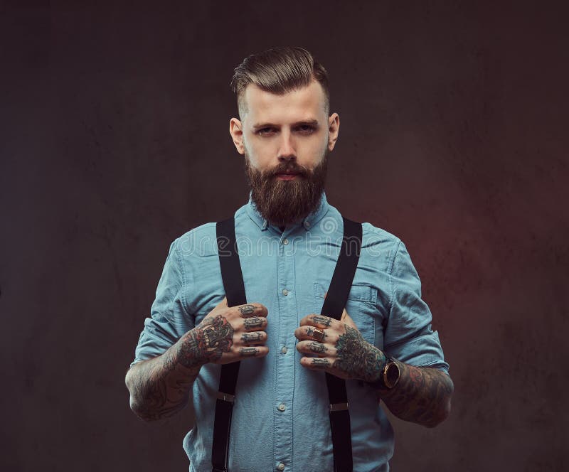 Portrait Of A Handsome Old-fashioned Hipster In A Blue Shirt And ...