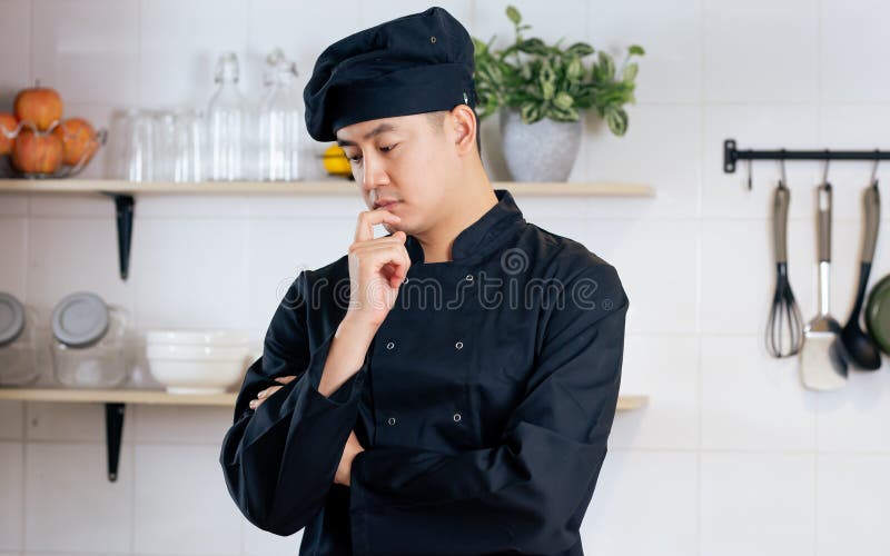 Portrait Handsome Professional Japanese Male Chef Wearing Black Uniform 