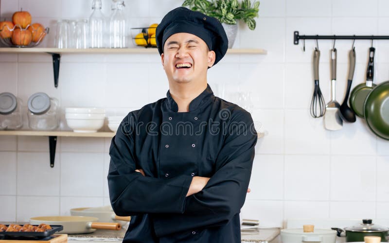 Portrait Handsome Professional Japanese Male Chef Wearing Black Uniform 