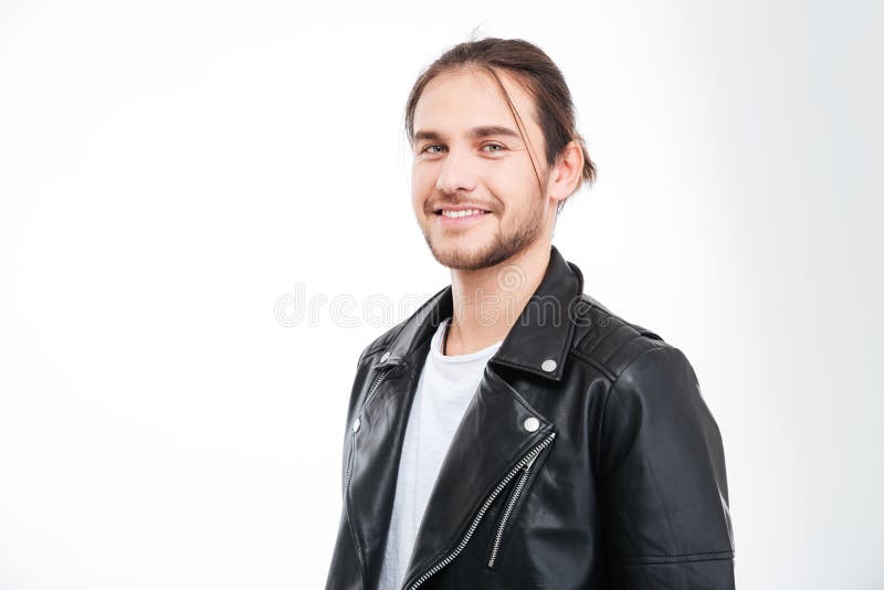 Portrait of handsome smiling young man in black leather jacket royalty free stock image Portrait of handsome smiling young man in black leather jacket royalty free stock image