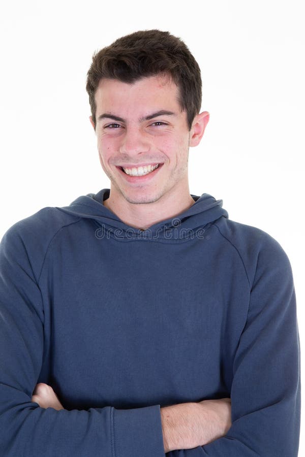 Portrait of handsome smiling young man laughing joyful cheerful boy studio shot isolated on white background