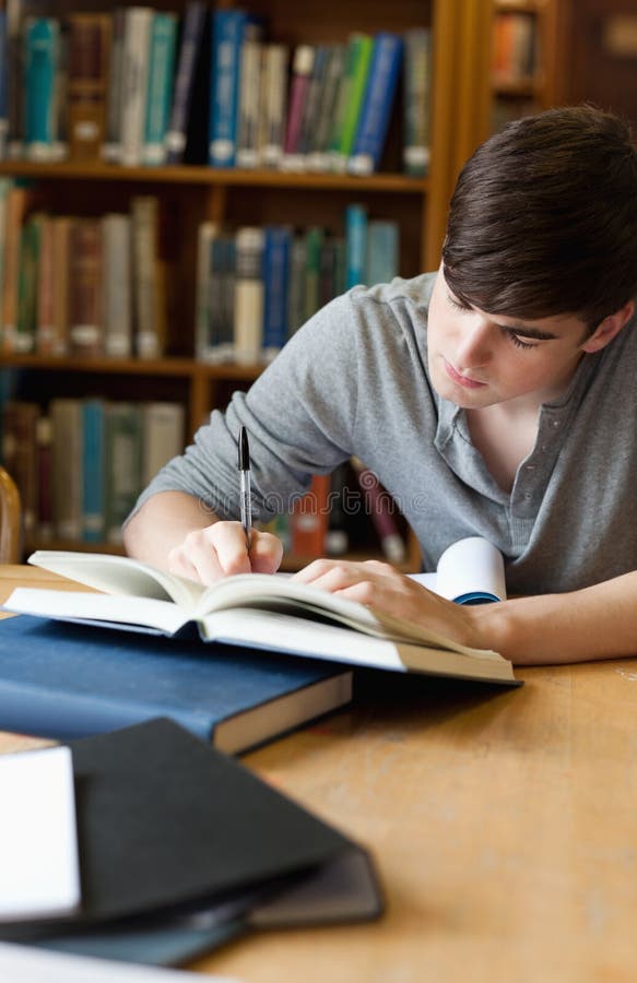 Ritratto di un bel studente di scrivere un saggio in una raccolta.