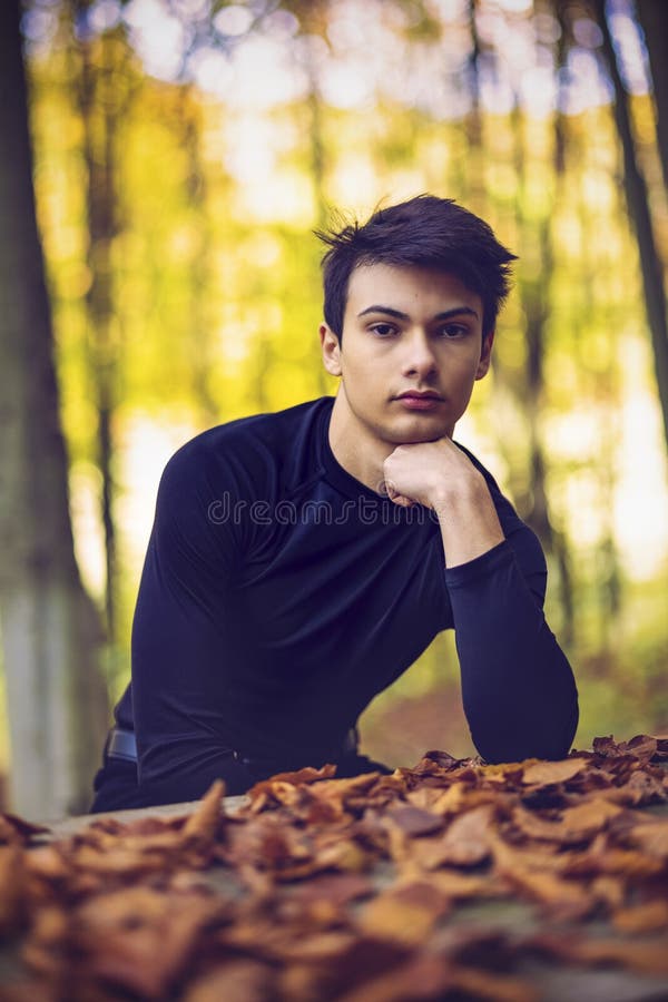 Portrait with a Handsome Young Man in Autumn Forest Stock Photo - Image ...