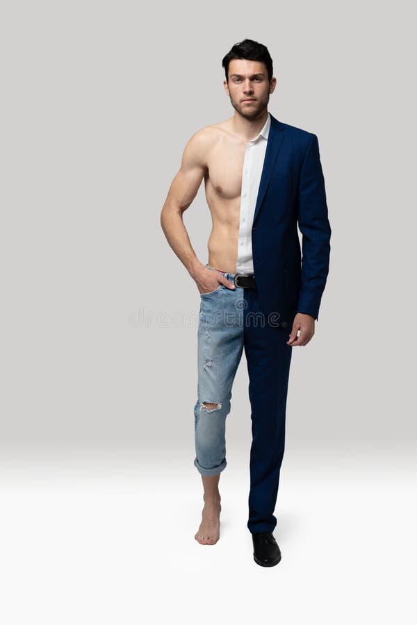 Portrait of a handsome young man in suit and shirtless muscular male model against white background