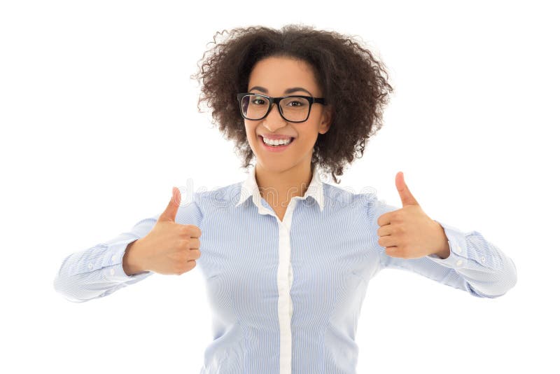 portrait of happy african american business woman thumbs up isolated on white