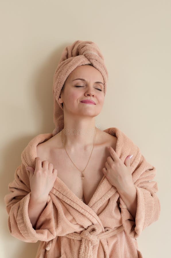 Beautiful Young Woman In Towel On Head And Bath Robe Morning At Home 