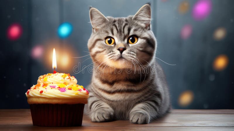 Portrait of a happy cat with birthday cake and candle vector illustration