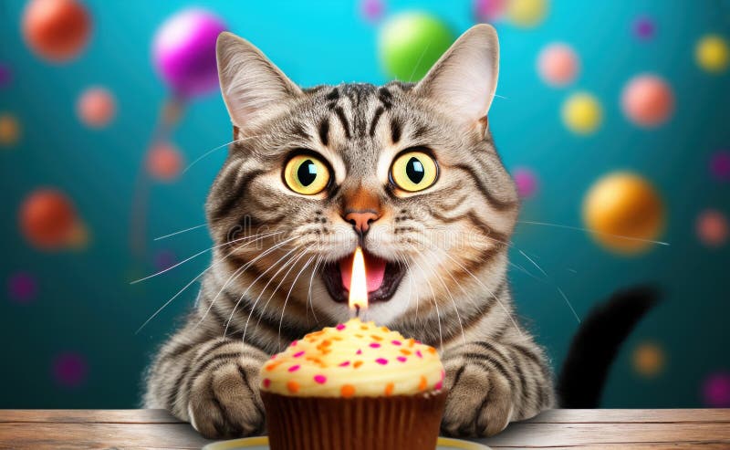 Portrait of a happy cat with birthday cake and candle stock illustration