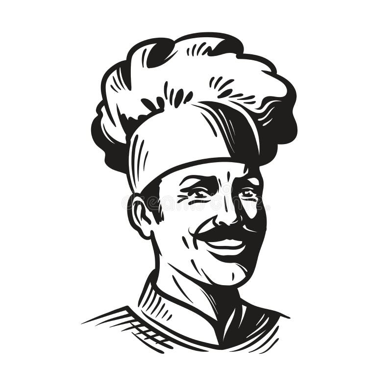 Portrait happy chef in hat and mustache. Smiling cook man. Vector illustration stock illustration