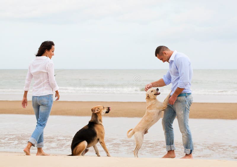 Portrait of a happy couple with dogs