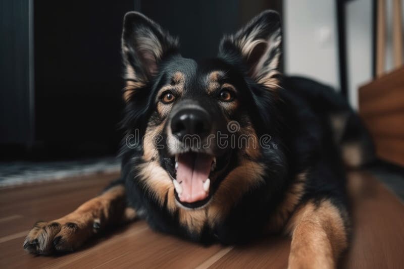 Portrait of happy dog with its tongue hanging out, lying on the floor, created with generative ai