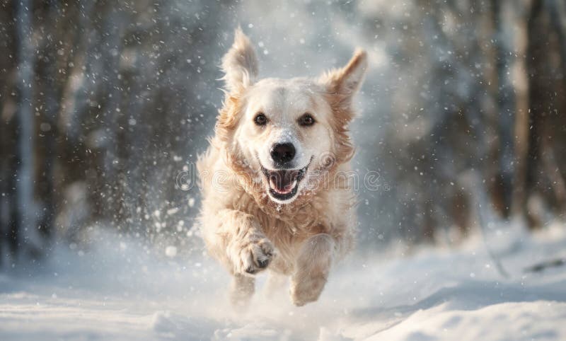 Portrait of a happy dog running in snow in winter vector illustration