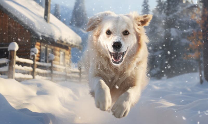 Portrait of a happy dog running in snow in winter royalty free illustration