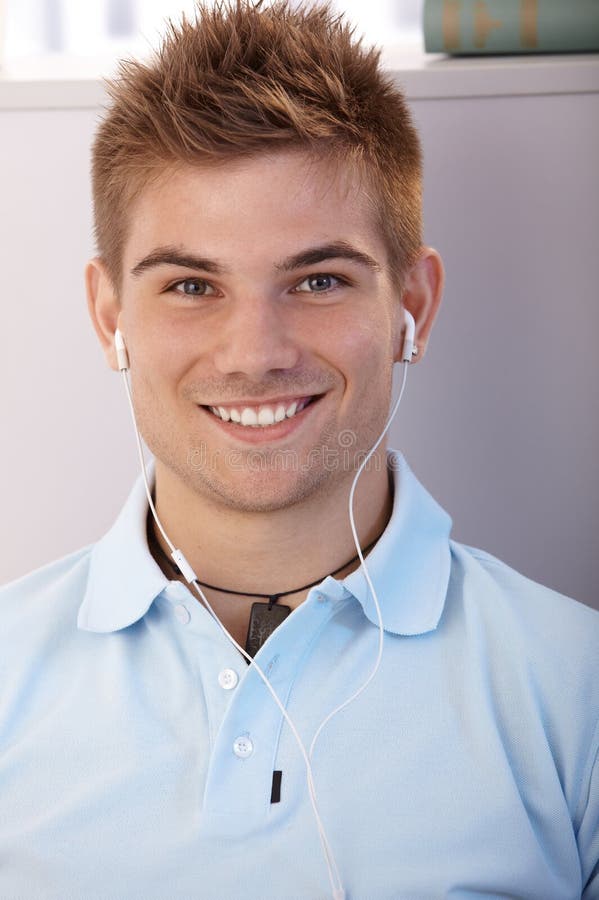 Portrait of Happy Guy with Earphones Stock Photo Image of indoor