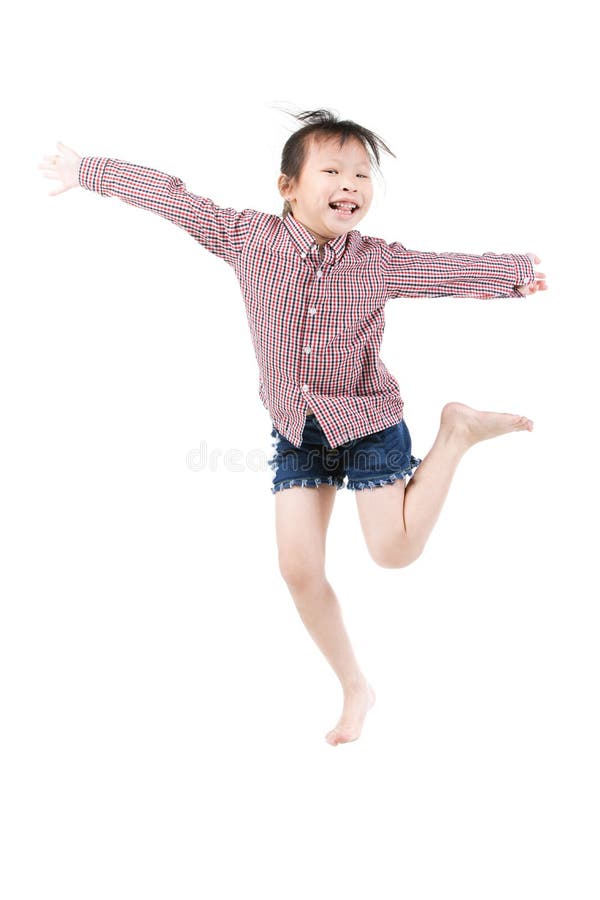 Portrait of Happy Little Asian Child Jumping Isolated on White Stock ...