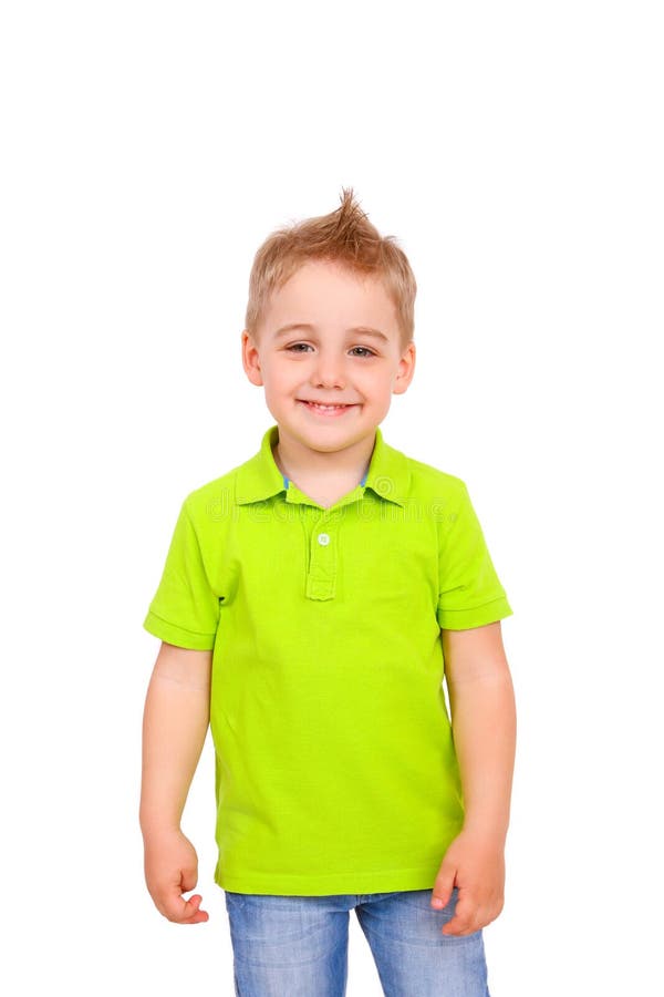 Portrait of happy little boy over white background