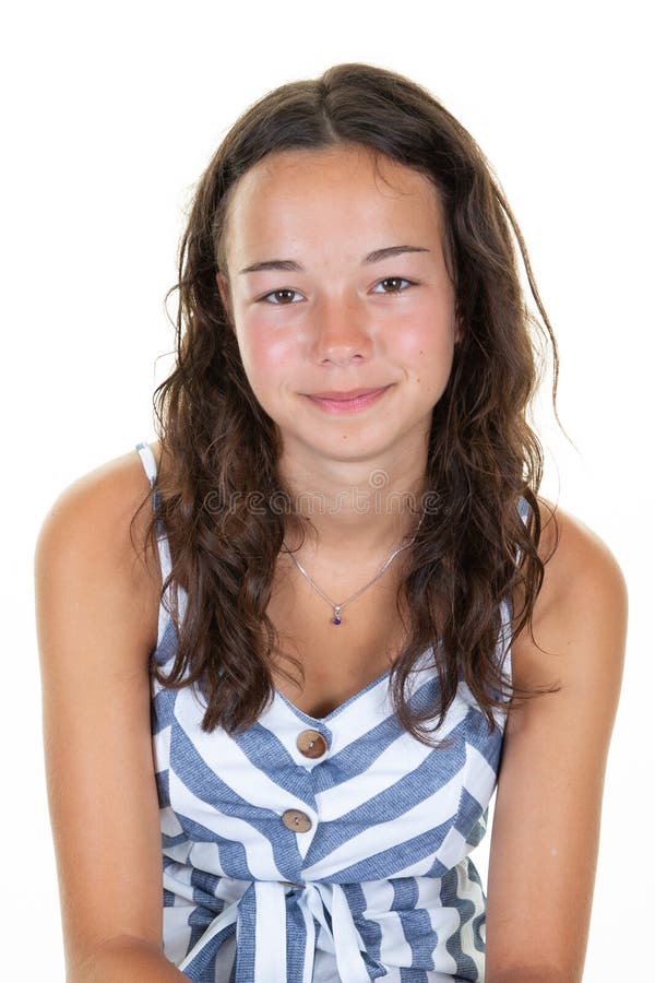 Portrait of a Happy Little Girl with Long Curly Hair Posing Over White ...