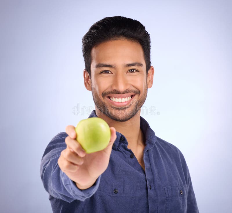 Portrait of Happy Man with Apple Isolated on Studio Background Healthy ...