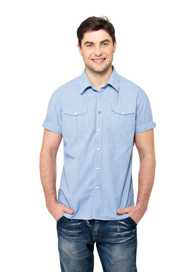 Portrait Happy Man in Blue Casual Stock Image Image of copy, happiness: