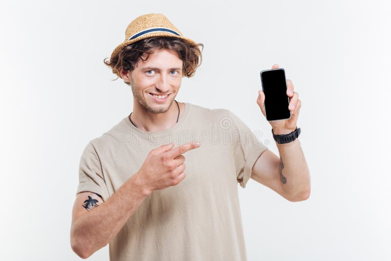 Portrait Of A Happy Man Presenting Smartphone With Blank Screen Stock ...