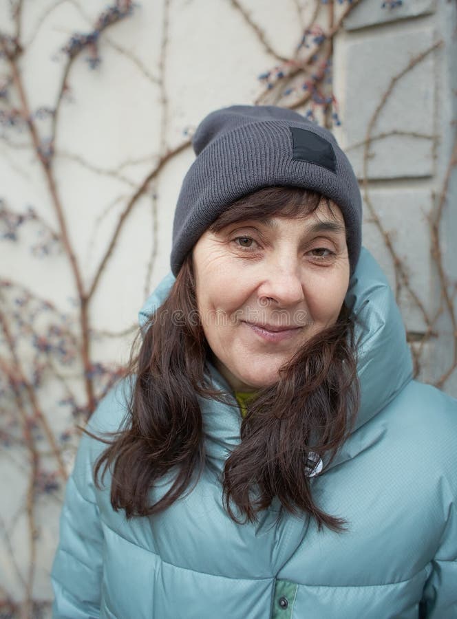 Portrait of Happy Senior Woman in Warm Clothes and Hat. Stock Photo ...