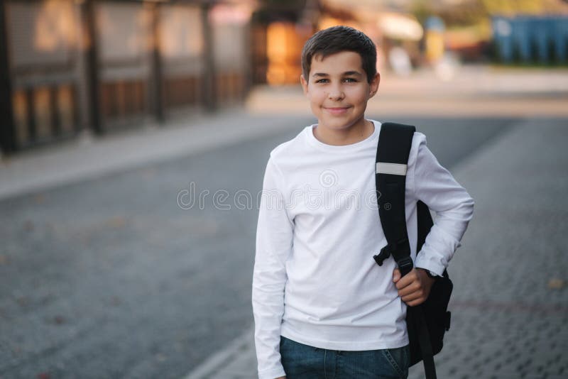 Portrait of Happy Smiled Teenage Boy in White Sweatshirt with Backpack ...