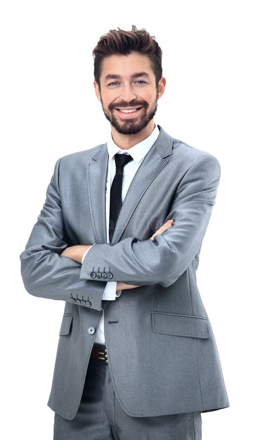 Portrait of happy smiling business man, isolated on white background