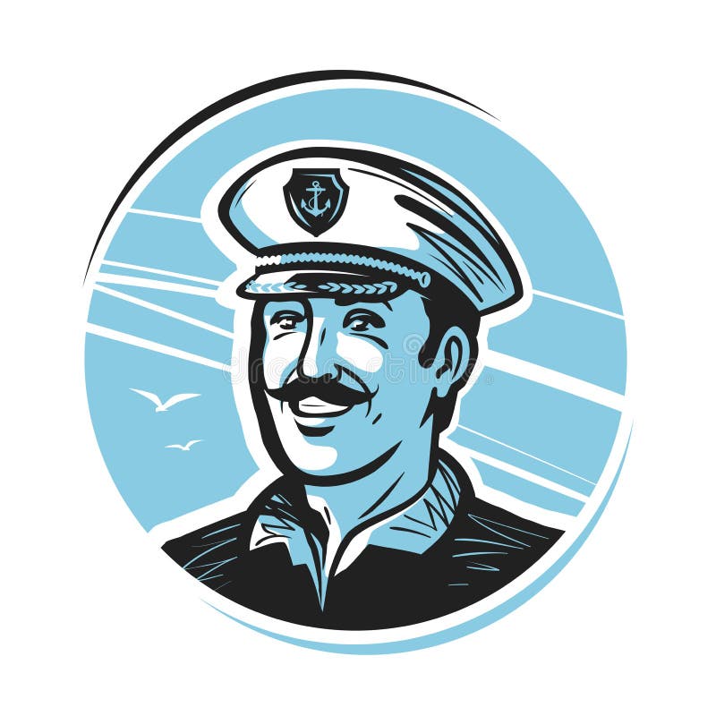 Portrait of happy smiling captain. Sailor, seafarer, seaman logo or label. Vector illustration