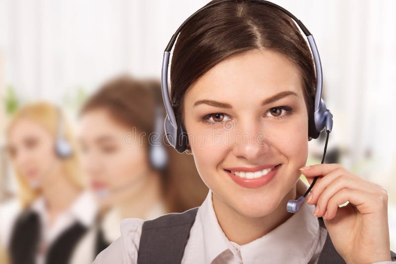 Portrait of happy smiling cheerful support phone operator in headset, isolated on white background