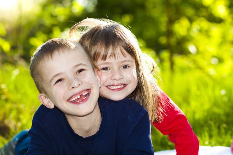 Portrait of Happy Smiling Little Children Boy and Girl on Sunny Stock ...