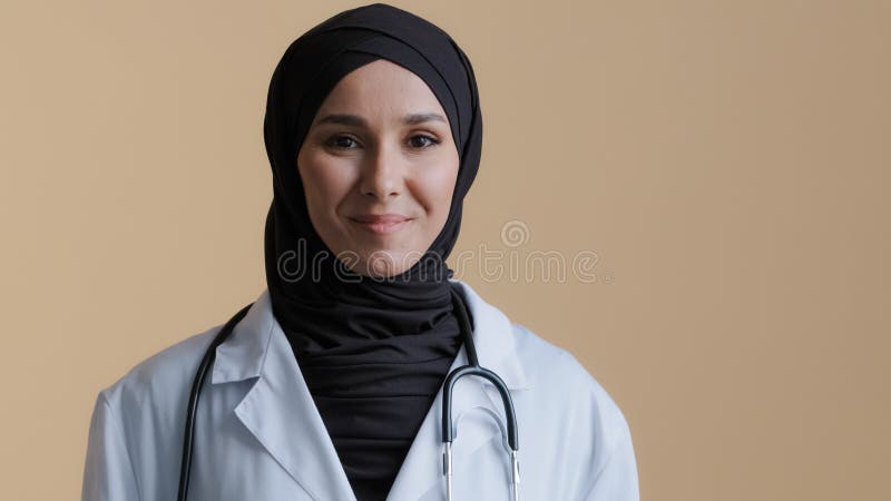 Portrait Happy Smiling Muslim Arab Woman Islamic Doctor Physician In