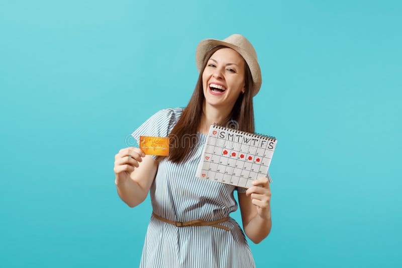 Portrait Of Happy Woman In Blue Dress Hat Holding Credit Card Periods