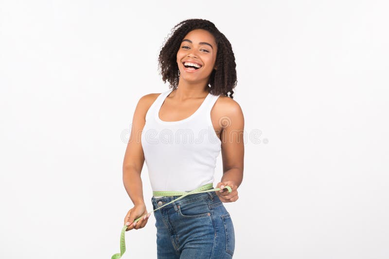 Portrait of Happy Young Black Woman Measuring Waist Stock Photo - Image ...