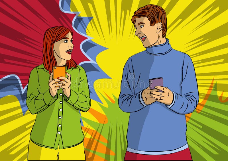 Positive excited man and woman using mobile phone. vector illustration Positive excited man and woman using mobile phone. vector illustration