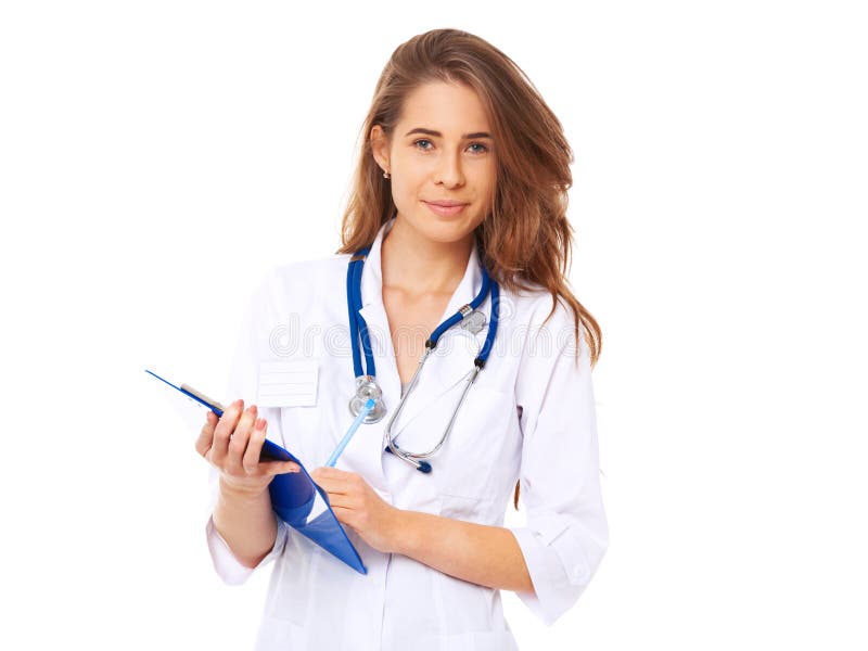 Portrait of happy young doctor isolated on white