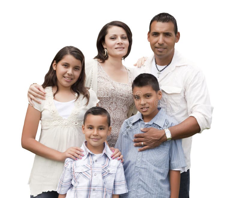 Portrait hispanique attrayant heureux de famille sur le blanc photo stock Portrait hispanique attrayant heureux de famille sur le blanc photo stock