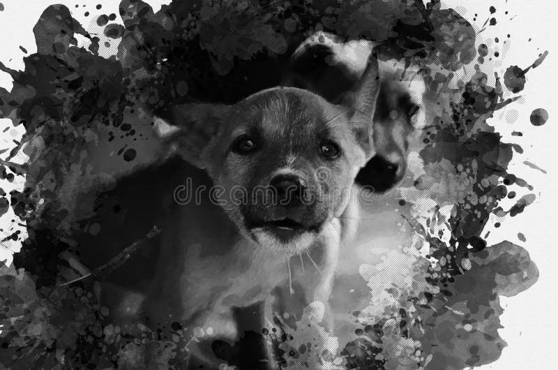 Portrait of a homeless mixed-breed dog puppy. Frightened little pet barking defensively. Shelter for homeless animals concept. Digital generated painting. Monochrome