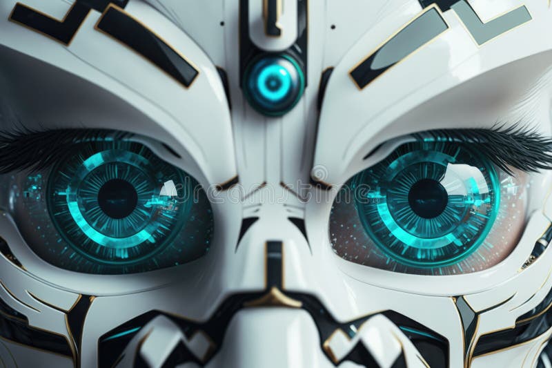 Portrait of Human Robot with White Robot Parts and Blue Eyes, Created Using Generative Ai