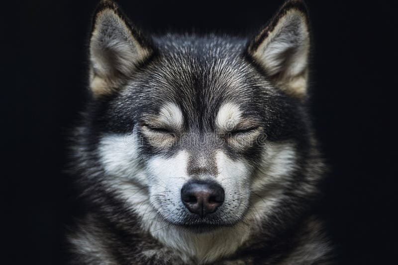 Portrait of husky dog with closed eyes in front of dark background stock illustration