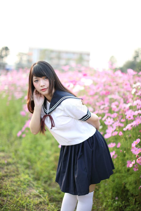 Portrait of Japanese School Girl Uniform with Pink Cosmos Flower Stock  Image - Image of dress, outdoor: 218590259