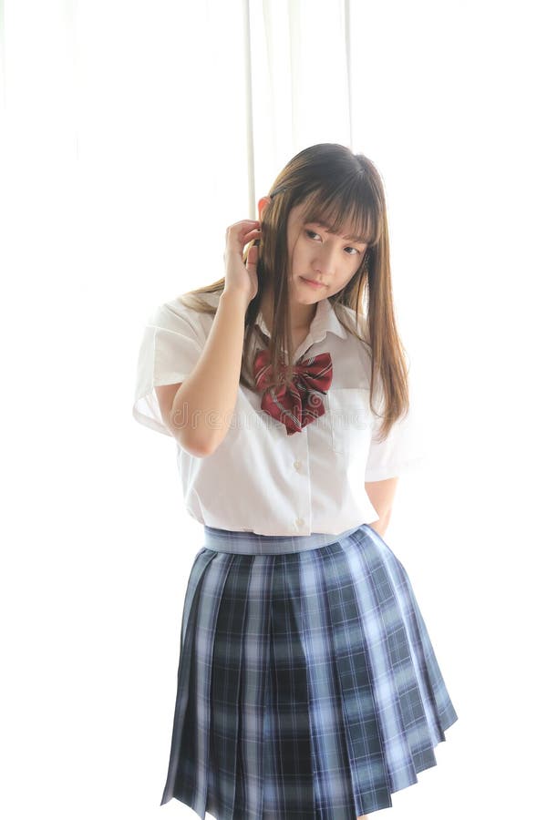 Portrait Japanese School Girl Uniform in White Tone Bed Room Stock ...