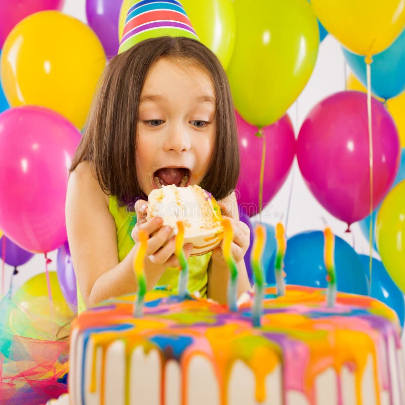 Portrait of Joyful Little Girl with Cake at Stock Photo - Image of ...